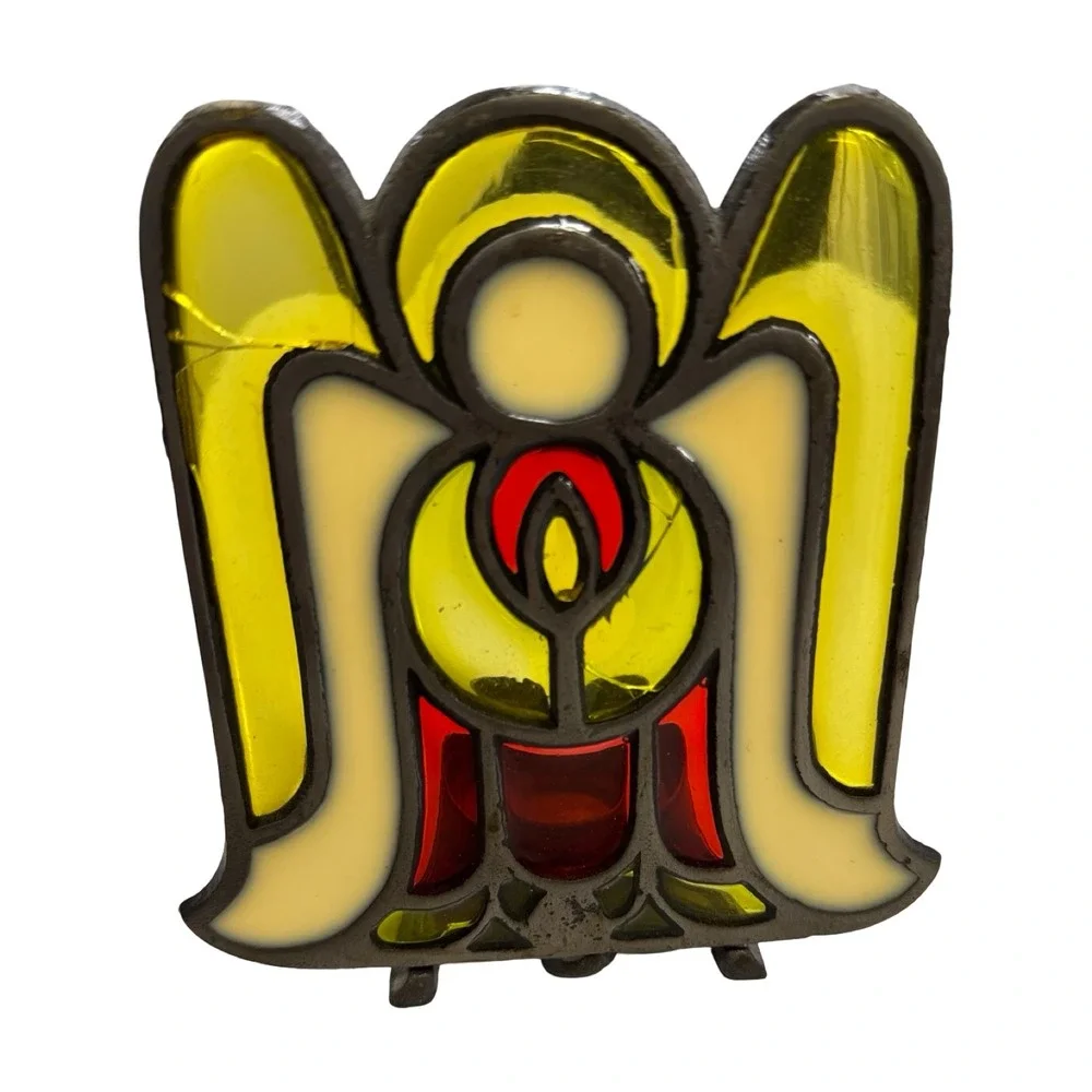 Vintage Stained Glass Angel Candle Holder Christmas Decor Yellow Red Winged